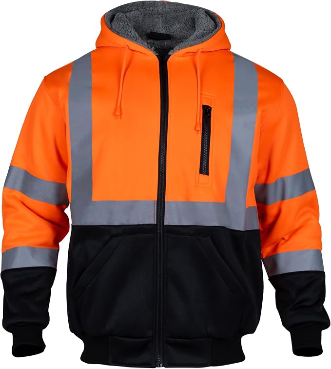 VENDACE Men's ANSI Class 3 High Vis Safety Reflective Sweatshirt Wool Fleece Zipper Jacket Hoodie with Black Bottom(Orange,L)