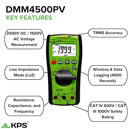 KPS DMM4500PV TRMS Multimeter – 1500V DC Rated for Solar Applications | High Voltage Tester for Solar and Utility Technicians
