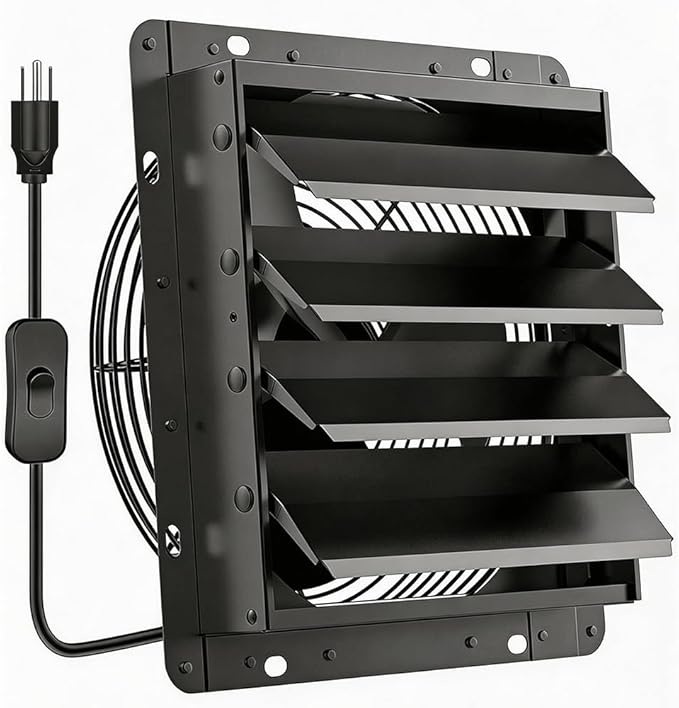 HG Power Upgraded 14 Inch Shutter Exhaust Fan, 882CFM High-Speed Vent Fan, 1400RPM Wall Mounted Attic Fan with Steel Mesh Screen for Shed, Garage, Greenhouse Ventilation, Black