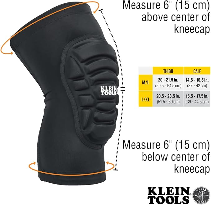 Klein Tools Knee Pads with Breathable Mesh, EVA Pads, Elastic Cuffs, Black, M/L and L/XL Sizes