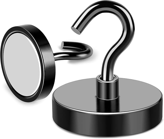 MIKEDE Magnetic Hooks Heavy Duty 170LB+ Strong Black Magnets Hook | Rare Earth Neodymium Hooks with Epoxy Coating Cruise Magnets with Hook for Hanging Refrigerator Garage 6 Pack