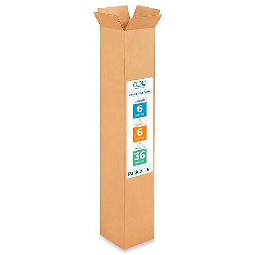 Tall Moving & Shipping Boxes 6 x 6 x 36 inches (5-Pack) - Extra Strength 200 lb vs Regular - USA-Made Corrugated Cardboard Boxes for USPS/UPS/FEDEX - Durable Tall Moving Box by IDL Packaging