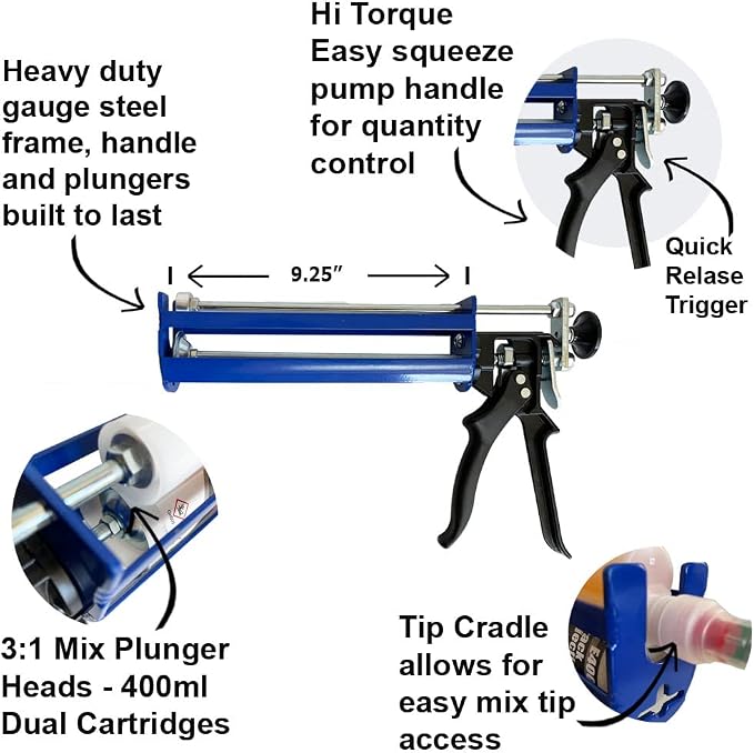 EXCEPTIONAL PRODUCTS – FX400 Dripless Dual Component Cartridge Gun – 400ml/13.5 oz – 24:1 Thrust – 3:1 Mix Ratio – Heavy Duty Adhesive Applicator – Portable Easy use - 2 Part Epoxy Caulk Dispenser (1)