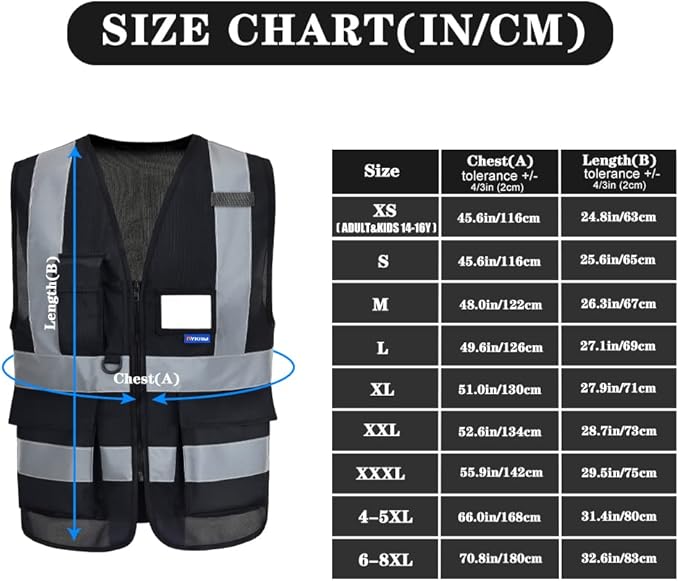 A-SAFETY Reflective Safety Vest with Clear PVC ID Holder, Zipper, Black, M | Black M safety vest with reinforced pockets, front zipper and clear ID holder for event operations and security,unisex.
