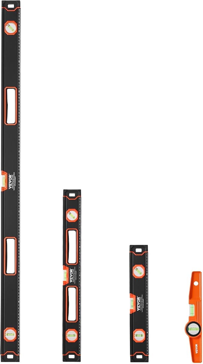 VEVOR 4-Piece Torpedo Level, 48/24/16/10 Inch All Magnetic Levels Set, Fluorescent Light Up Bubble Vials Ruler for 45/90/180 Degree, Aluminum Alloy Magnetic Box Leveler Tool, SAE and Metric Scale
