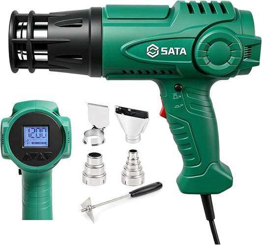 SATA Heat Gun with LCD Display, Variable Temperature 120℉-1200℉ Hot Air Gun with Memory Function and One-Touch Cooling for Vinyl Wrap, Paint Remover, Heat Shrink and Crafts, Anti-Scald Air Nozzle