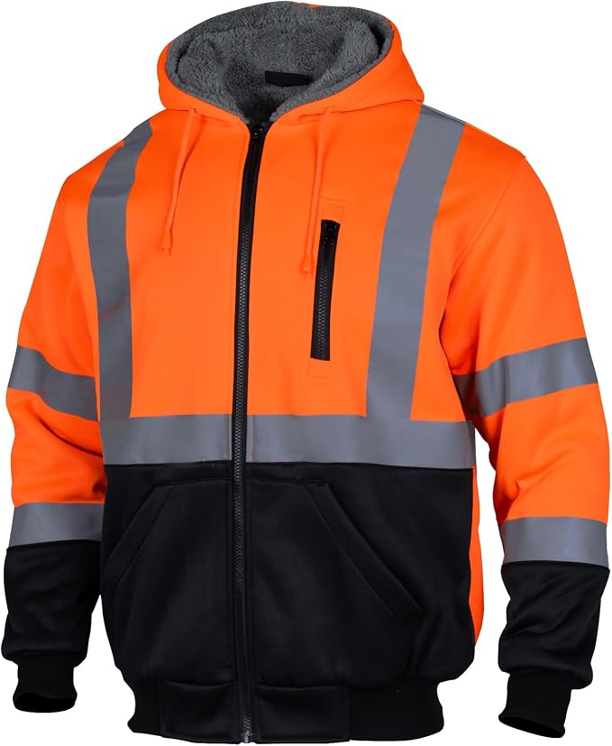 VENDACE Men's ANSI Class 3 High Vis Safety Reflective Sweatshirt Wool Fleece Zipper Jacket Hoodie with Black Bottom(Orange,L)