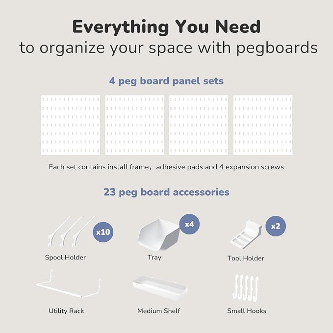 Keepo Title Peg board Kit, Pegboards and Accessories Modular Hanging for Craft, Plastic Pegboard Wall Organizer for Craft Room, Office, Tool Organizer (White, 22″×22″)