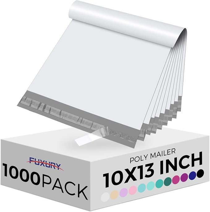 Fuxury 1000pcs 10x13" Poly Mailers,Waterproof Shipping Bags for Clothing,Strong Adhesive Shipping Envelopes for Small Business,Self Seal Poly Mailer Bags,Flexible Mailing Bags White