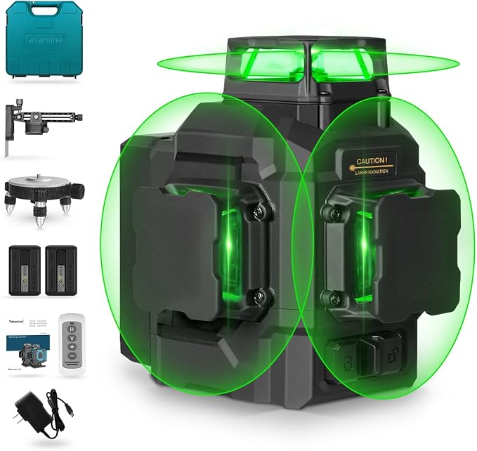 Takamine 12 lines 3D Self-Leveling laser level Pro,3x360 Green Cross Line with Burst flash mode and brightness adjustment, Remote Controller, Magnetic Rotating Stand Included