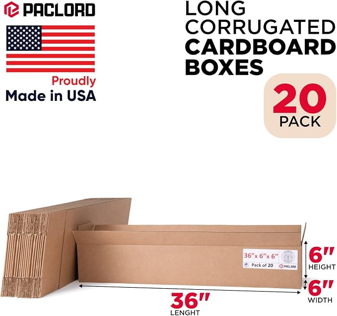 Long Cardboard Boxes 36"L x 6"W x 6"H (Pack of 20) - USA-Made Packing Boxes for Moving, Shipping, or Storage - USPS, UPS, FedEx Approved - Professional Packing Supplies for Moving | USA-Made Packing Boxes for Moving, Shipping, or Storage - USPS, UPS, F...