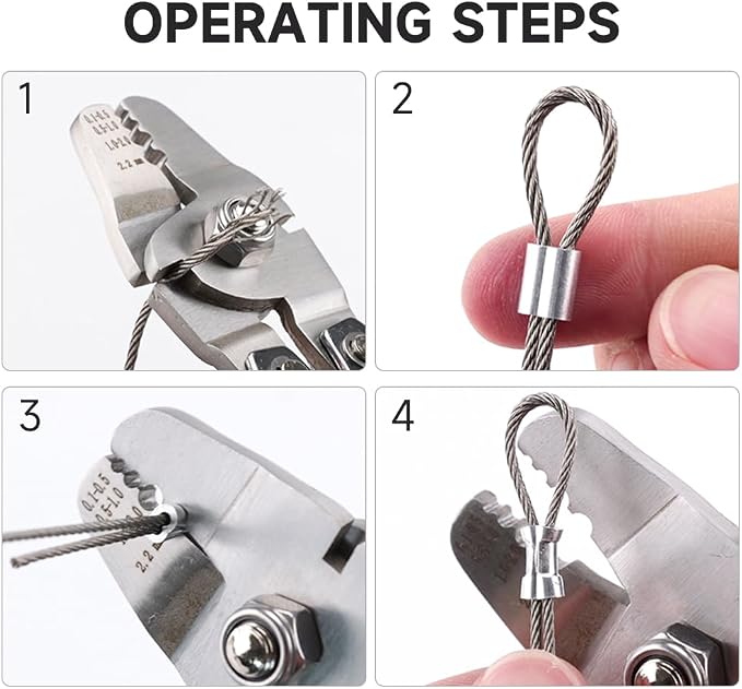 Up to 2.2mm Wire Rope Crimping Tool with 180 Pcs Sleeves & 10 Pcs Stainless Steel Thimbles Kit, 3 Sizes Aluminum Double Barrel Ferrule, Swaging Tool for Fishing Lines with Cutting Function