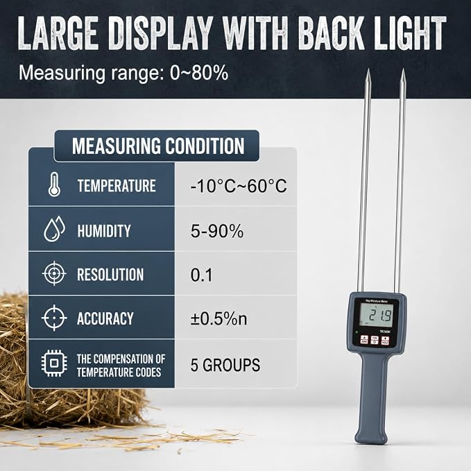 Pokiphip TK100H Portable Hay Moisture Meter - Precise Hay Moisture Tester with Probe for Monitoring and Ensuring Optimal Hay Quality, Preventing Mold and Spoilage