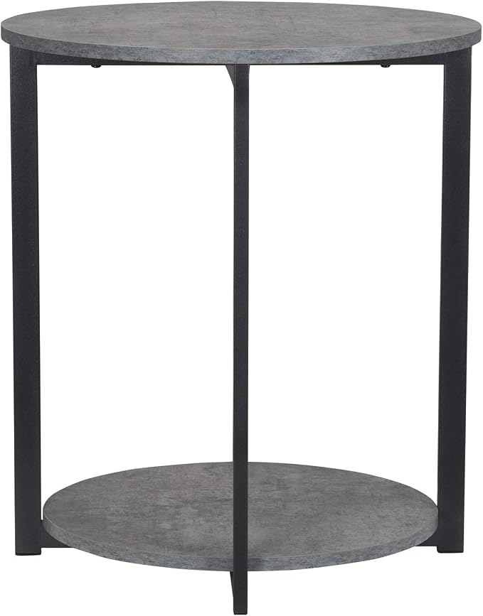 Household Essentials Jamestown Round Side End Table with Storage Shelf Rustic Slate Concrete and Black Metal