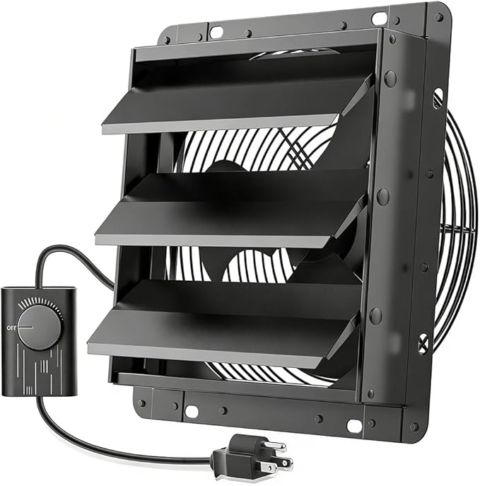 HG Power Upgraded 10 Inch Shutter Exhaust Fan with Speed Controller, 647CFM High-Speed Vent Fan with Mesh Screen, 1400RPM Wall Mounted Attic Fan for Shed, Garage, Greenhouse Ventilation, Black