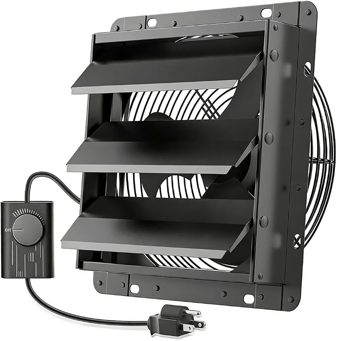 HG Power Upgraded 12 Inch Shutter Exhaust Fan with Speed Controller, 764CFM High-Speed Vent Fan, 1400RPM Wall Mounted Attic Fan for Shed, Garage, Greenhouse Ventilation, Black
