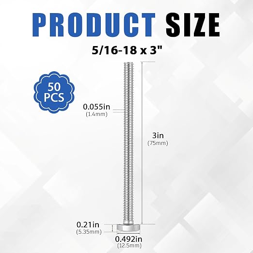 Zonon 50 Pcs 5/16-18 x 3" Hex Head Screw Bolt 18-8 (304) Stainless Steel Hexagon Bolts, Fully Threaded, Plain Finish, External Hex Drive (Silver)