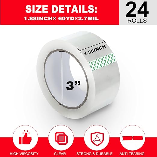 Clear Packing Tape 24 Rolls,2.7mil Heavy Duty Packaging Tape Refills for Shipping Packaging Moving Sealing, 1.88 Inch x 60 yd Per Roll,Total 1440 Yards