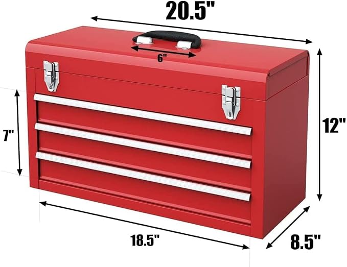 ERGOMASTER Portable Tool Box, 20.5'' Metal Tool Box with 3 Drawers, Lockable Heavy Duty Tool Chest Storage Toolbox for Garage, Workshop, Repair Shop, Red