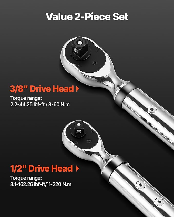 VEVOR Digital Torque Wrench 3/8 1/2 Inch Drive, 0-44.25FT.LB(0-60Nm)/0-162.26FT.LB(0-220Nm) ±2% Accuracy, Electronic Torque Wrench with Preset Mode,Vibration,Buzzer,LED Notification,5Units of Measure