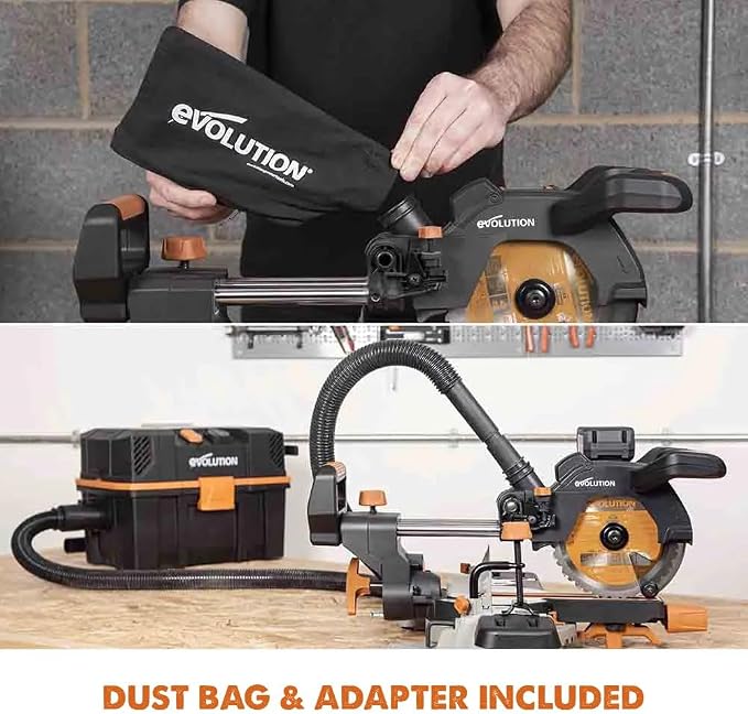 Evolution R185SMS-Li 7-1/4" Cordless Sliding Miter Saw - 20V Li-Ion EXT Battery, 850W Motor, Multi-Material 185MM TCT Blade, 45° Bevel & 50° Miter | Includes Battery & Charger