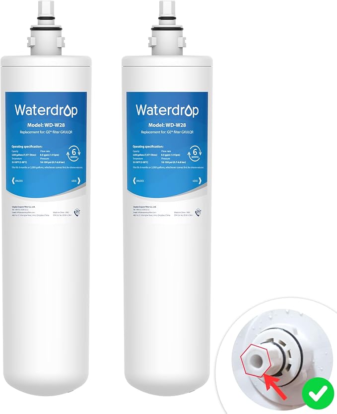 Waterdrop FQK1R, GXULQR Under Sink Water Filter, Replacement for Hexagonal Head GE FQK1R, GXULQR, Compatible with GE GXK140TNN and GXULQK, NSF/ANSI 42 372 Certified, 2K Gallons, 2 Pack