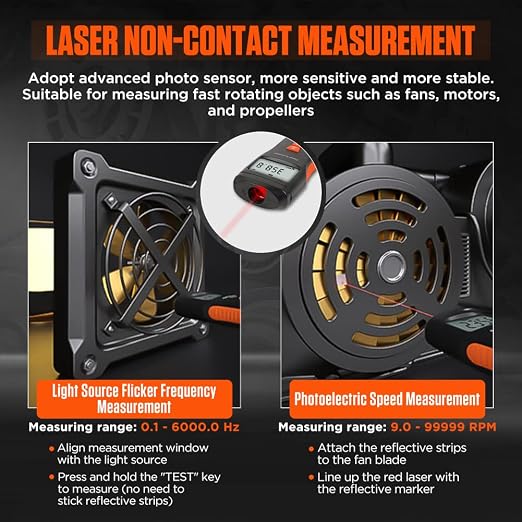 Tachometer Contact & Non-contact Digital Tachometer 4 Test Mode Laser Photo Tachometer 1.0～99999RPM High Accuracy RPM Tachometer with 4 Contact Probes, Backlit Display, Data Memory/Hold,Auto Power Off