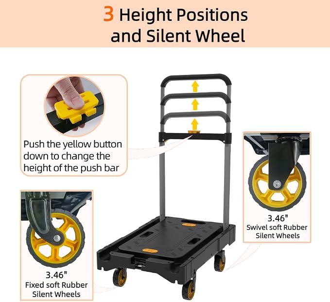 Platform Truck Folding Hand Truck 300 LB Heavy Duty Utility Dolly Flatbed Luggage Push Cart Fully Folded Compact Cart, Portable Trolley with 1 Elastic Ropes, Easy Storage & Lightweight for Moving