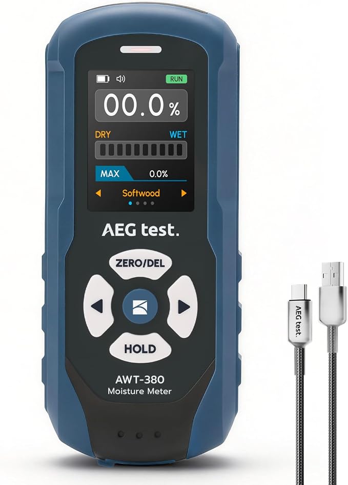 AWT-380 Rechargeable Pinless Moisture Meter for Wood, Drywall & Masonry, Wood Moisture Meter with Color Display, Adjustable Alarm, Data Records, Non-Destructive Water Leak Detector for Home