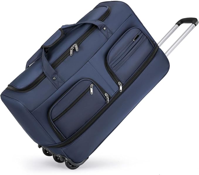 Expandable Rolling Duffle Bag with Wheels, 24" Foldable Carry On Luggage Suitcases, Water-Resistant Travel Duffle Bag Carry On Suitcase Weekend Bag for Women Men Navy Blue