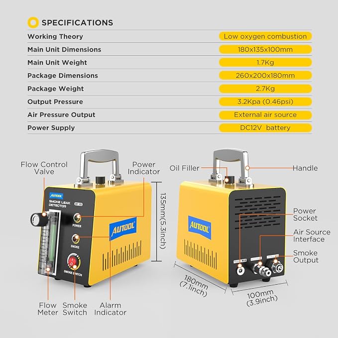 AUTOOL Smoke Machine Automotive Leak Detector,0-0.46PSI Evap Vacuum Smoke Diagnostic Tester,Pipeline Fuel Leakage Detector Compatible with 12V Vehicles