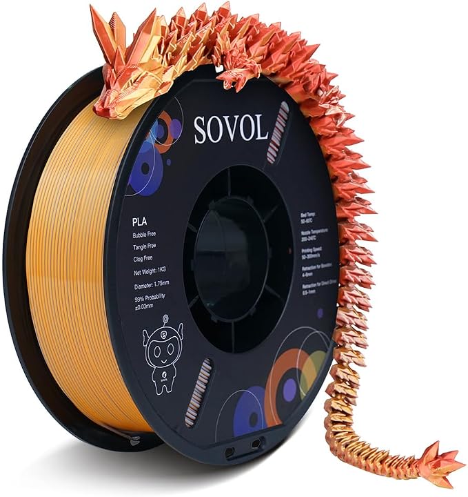 Sovol PLA Filament Silk Tri Color Co-Extrusion 1.75mm, 3D Printer Filament 1kg/ 2.2lbs, Shiny Silk Gold Silver Bronze 3 in 1 Coextrusion PLA Material +/-0.03mm