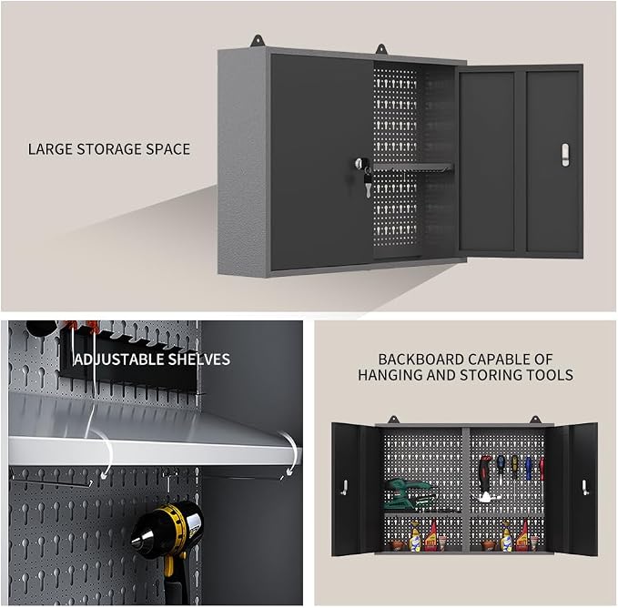 JZD Metal Wall Mounted Tool Cabinet with Lockable Doors, for Garage Basement Workshop, Black & Grey