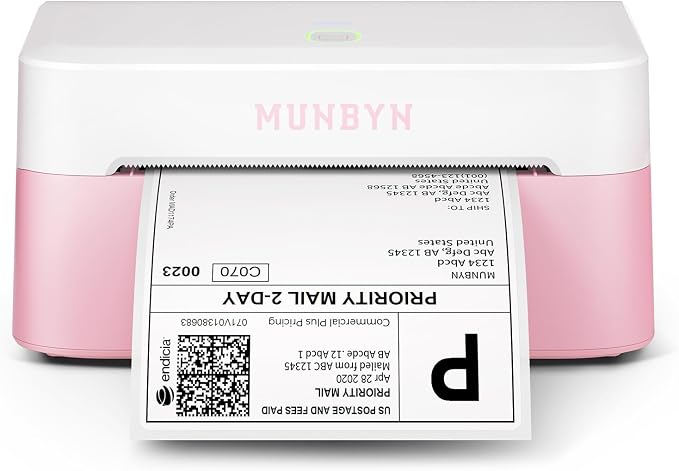 MUNBYN Bluetooth Thermal Label Printer RW403B, Wireless 4x6 Shipping Label Printer for Small Business, Compatible with Android, iPhone, Windows, Mac, Chromebook, Print Width 1.57"-4.25" (Pink)