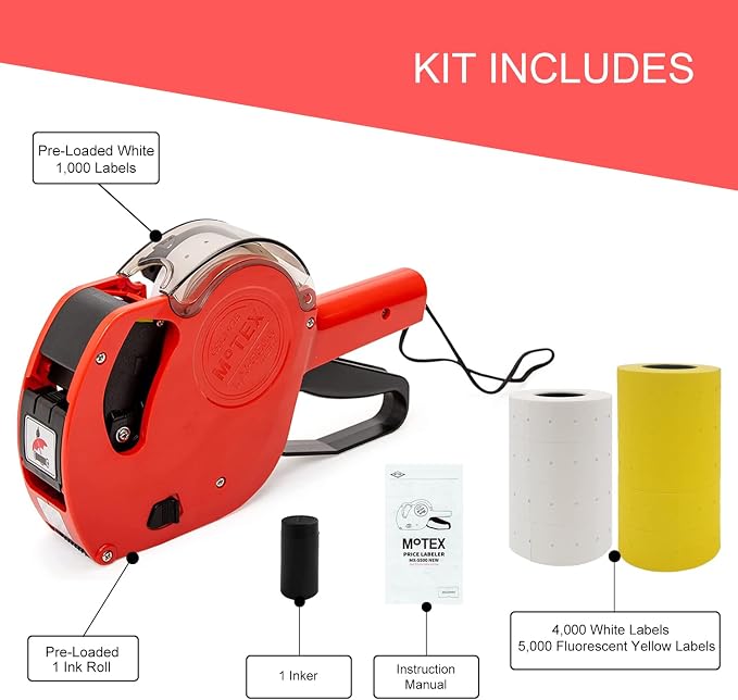 Motex Genuine MX-5500NEW 1 Line 8 Digits Price Tag Gun Kit - Includes 10,000 Blank Labels (White + Yellow) and 1 Pre-Loaded Inker with 1 Ink Refill - for Grocery Store, Retail Shop, Garage Sale