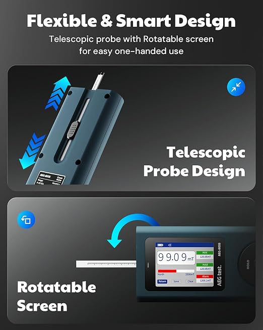 8035 DC Gauss Meter, Telescopic Hall Sensor, Rechargeable Tesla Meter 0–2500 mT, Magnetometer with Data Logging and Alarm, Magnetic Field Strength Meter, ±5% General Accuracy for Daily Use
