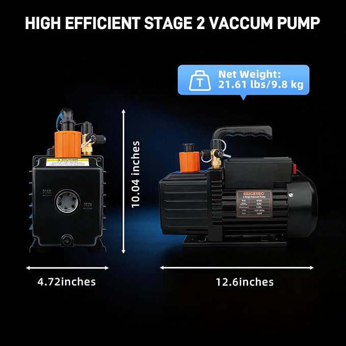 5 CFM 1/2 HP 2 Stage HVAC Vacuum Pump, Sparkless for A1 & A2L Refrigerants (R32, R1234yf, R134a, R22, R410A), 0.3 Pa Ultimate Vacuum HVAC & Automotive AC Systems