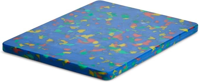 Core Kitchen Rainbow Confetti on Blue 6 x 8 Inch Recycled Plastic Charcuterie Platter Chopping Cutting Board with Non-Slip Footing, Kitchen Display Tray, 46371