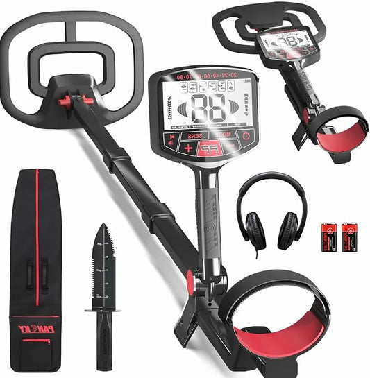 PANCKY High Accuracy Metal Detector for Adults – Collapsible, Lightweight & IP68 Waterproof Search Coil with 10.55” Large Coil, 5 Modes & Backlit LCD, Gold & Relic Detector Kit, PK1098 (Red)