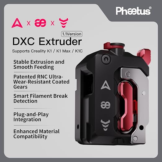 Phaetus DXC1 Extruder for Creality K1 Series | Dual-gear no-slip, 60% less wear; RNC 3x life, adapts all filaments, runout auto-pause, clog-free cooling