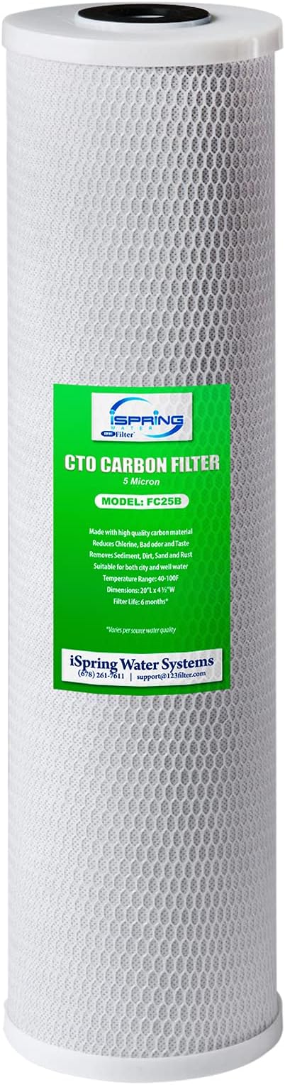 iSpring FC25B Whole House Water Filter Replacement Cartridge, CTO Carbon Block, 20” x 4.5” & FP25B High Capacity 20” x 4.5” Water Replacement Cartridge Fine Sediment Filter, 5 Micron, 1 Piece, White