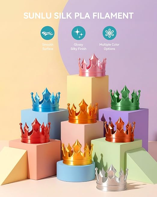 250g Silk PLA+ Filament 1.75mm Bundle, SUNLU 3D Printer Filament Glossy, Smooth Silky Surface, 250g Spool, 8 Rolls, Gold+Silver+Red+Bronze+Copper+Blue+Pink+Orange