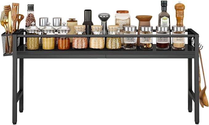 YMYNY 32.5" Spice Rack Over Stove Kitchen Organizer Black UHSR008B | With 4 hooks & side basket, this shelf adds extra countertop storage for spices, utensils, oil bottles and kitchen essentials