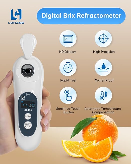 3-in-1 Digital Brix Refractometer with ATC/Refractive Index(RI), Accurate Measurement with Precision Light-Blocking Cover, Brix Meter for Fruit Juice/Beer Brewing/Coffee/Wine Liquid, Range: 0-55%