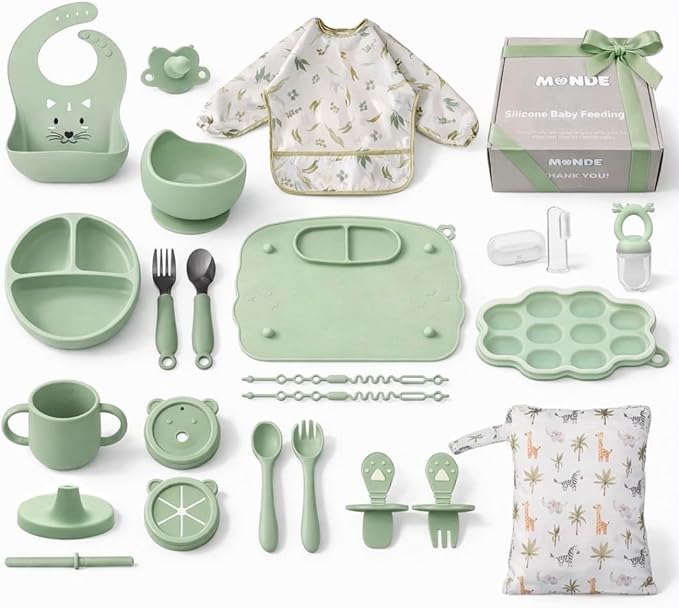 MONDE 25PCS Ultimate Silicone Baby Feeding Set, Complete Mealtime Baby-Led Weaning Essentials From Infant To Toddler, Bib, Smock, Sippy Cup, Dry Wet Bag, Placemat, Perfect Premium Gift Set (Green)