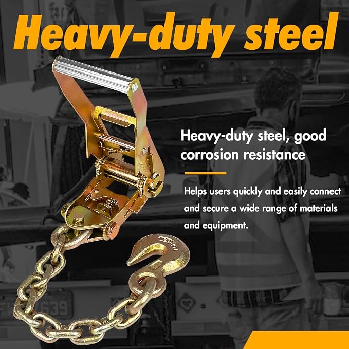 Heavy Duty Car Tie Down Straps (4PK) - 2" x 96" - 3,300 lbs Safe Working Load - Wheel Straps Comes with 5/16" Tow Hooks (Yellow)