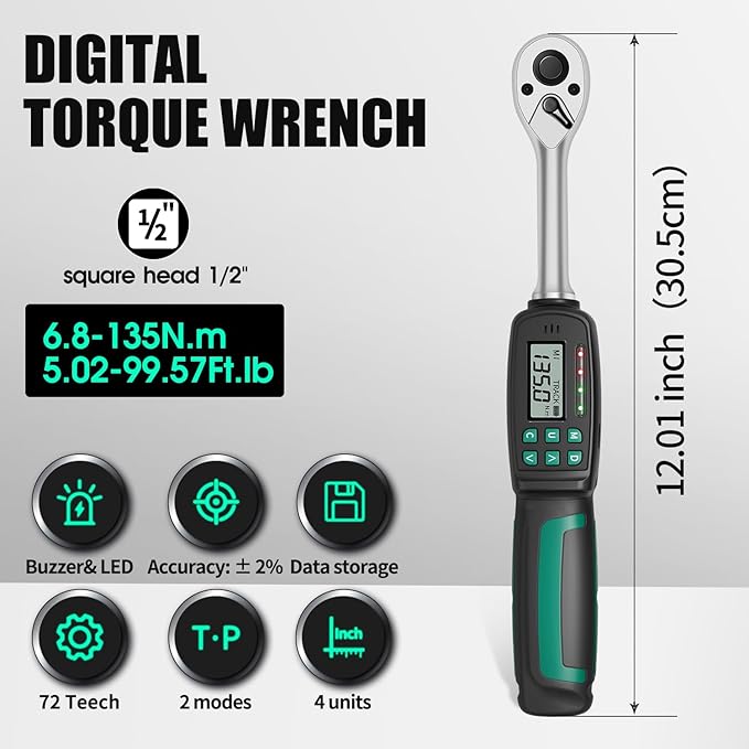 1/2" Digital Torque Wrench 2.9-99.6 ft-lb/4-135 Nm, ±2% Accuracy, LED & Buzzer Alerts, 4 Units, Industrial CR-V Steel, Calibration Report & Protective Case for Car, Motorcycle, Bike Repair