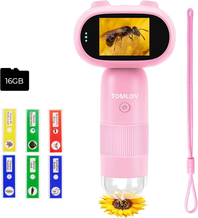 TOMLOV P30 Kids Microscope with 2" LCD Screen & 1000X Zoom, Portable Digital Magnifying Glasses for Science Exploration, Includes 16GB SD Card & Slides, for Boys Girls Ages 5-12