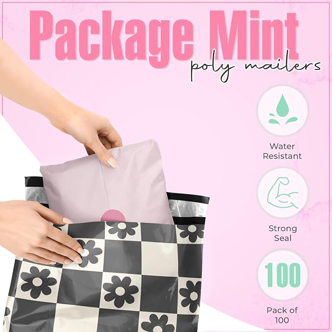 Package Mint 14x19 Poly Mailers - 100 Pack Daisy Checkerboard - Waterproof and Tear-Resistant Poly Mailer Shipping Bags with Self-Adhesive Seal - Opaque Mailing Envelopes for Clothing and Soft Goods