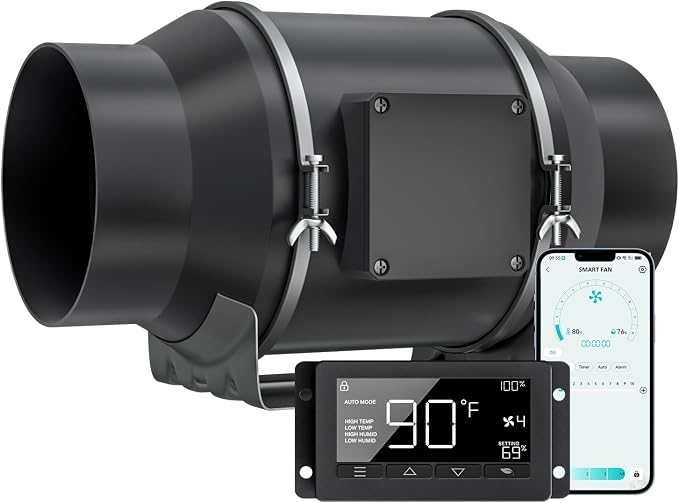 Toolazy 6 Inch Inline Duct Fan with Smart Controller, 405 CFM Quiet EC Motor Ventilation Fan with Temperature Humidity Sensor, Exhaust Fan for Grow Tent, Hydroponics, HVAC, Indoor Gardening
